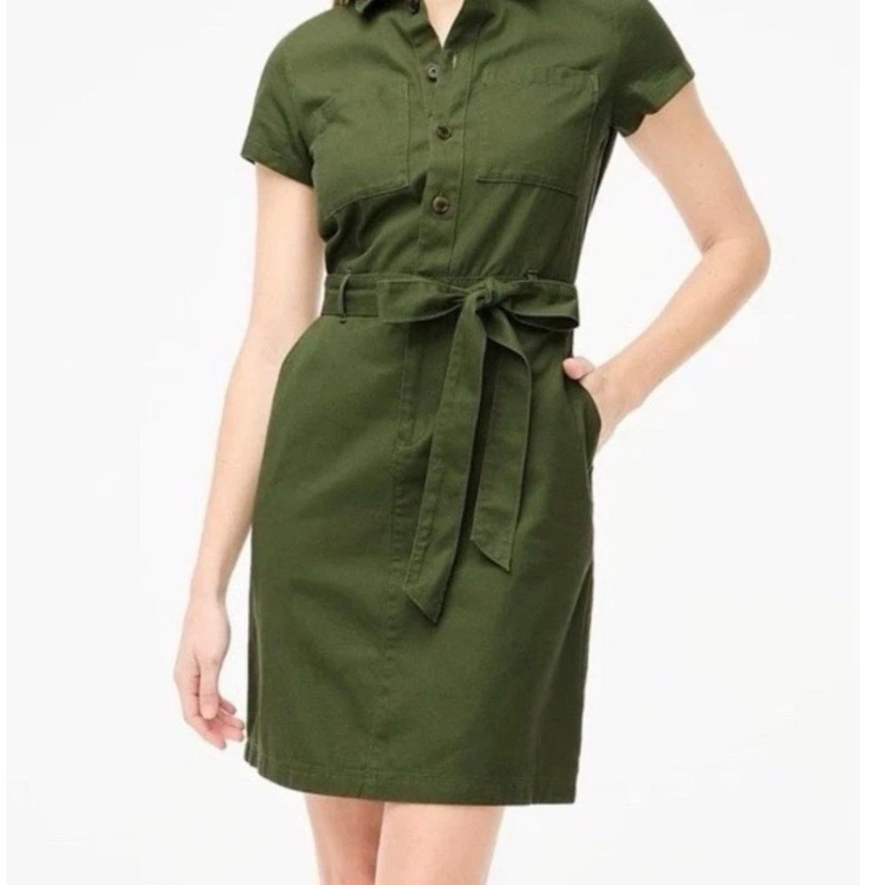 J. Crew Olive Green Short-Sleeve Shirt Dress with Tie Waist